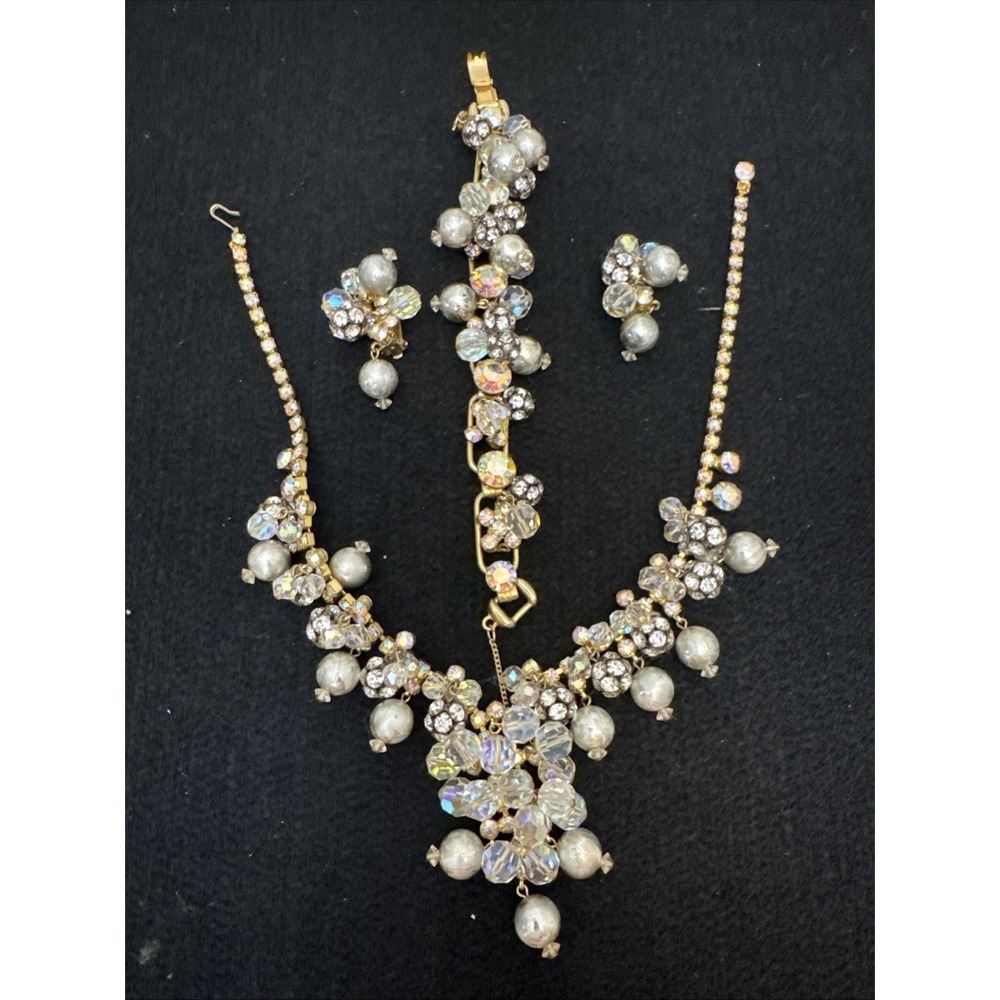 Decadent Juliana D&E Faux Pearl Iridescent Rhinestone 3 Piece Parure Set AB Rare